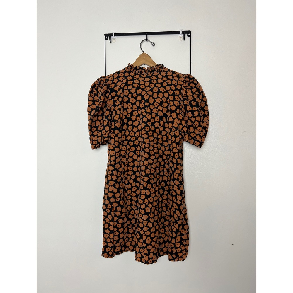 Who What Wear Rust Orange Black Floral Linen Blend Puff Sleeve Mini Dress XS